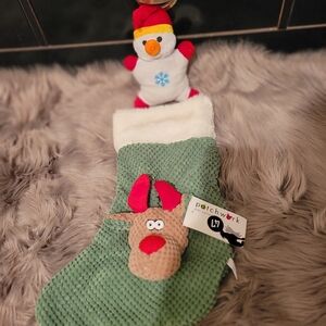 Green Christmas Stocking with Squeaky Reindeer Design Bonus Snowman Plush Toy